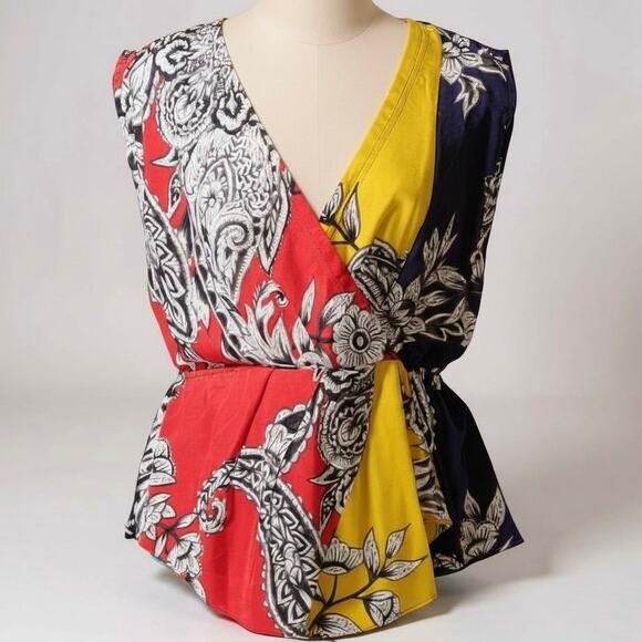 Baraschi Tops - Baraschi Anthropologie Wrap Blouse Red Yellow Navy Paisley Womens Small